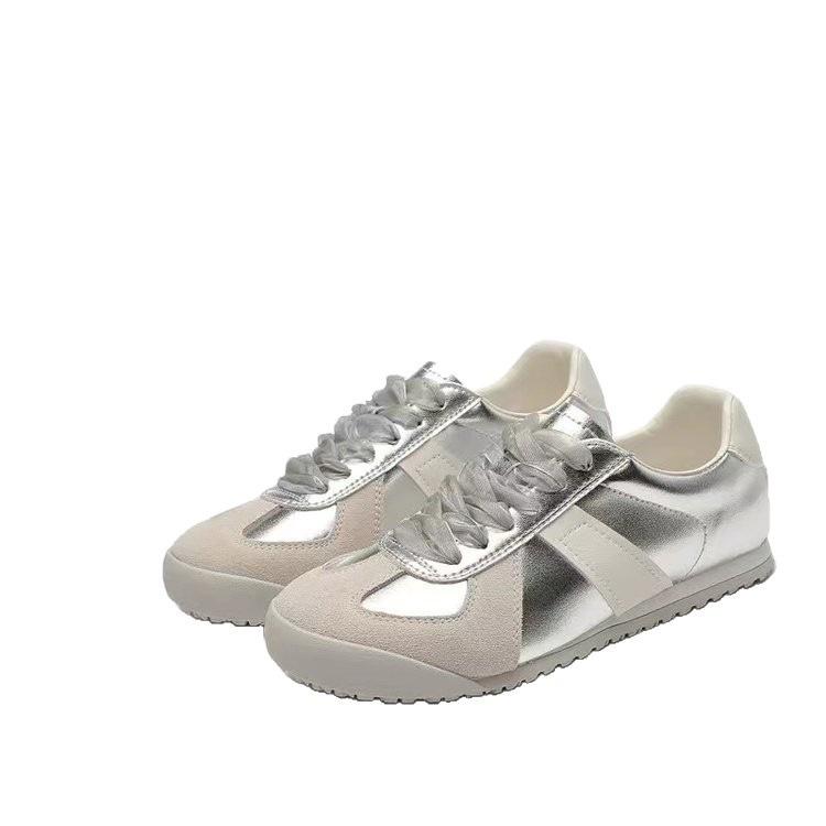 Retro casual sports shoes spring and summer new soft leather niche silver ballet training shoes