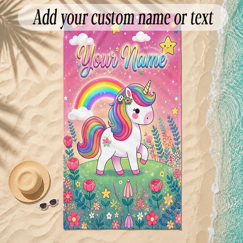 Unicorn Theme Soft Beach Towel Personalized Custom Name Text Towel Portable for Beach Pool Travel