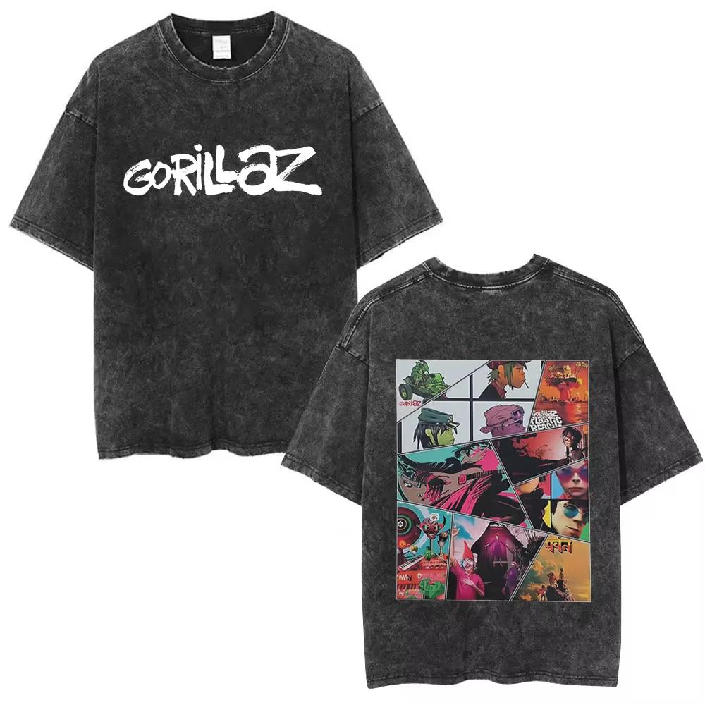 Washed Vintage Rock Band Gorillaz Music Album Cover Graphic T-shirts Men Women Hip Hop Fashion Oversized T Shirts Men Streetwear S разноцветный