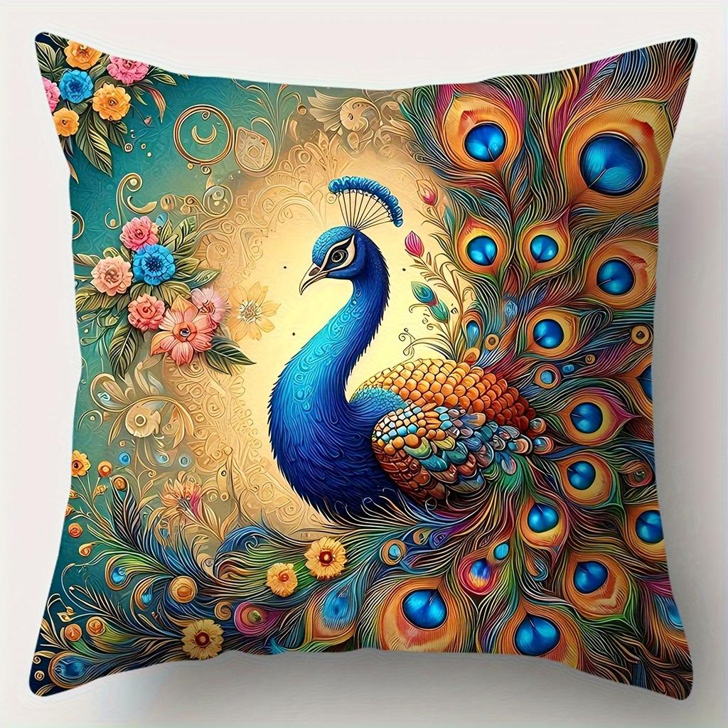 4-piece Peacock-themed Decorative Pillowcase Set, Single-sided Print, Zipper Closure, Bedroom, Office, Car, and Home Decoration