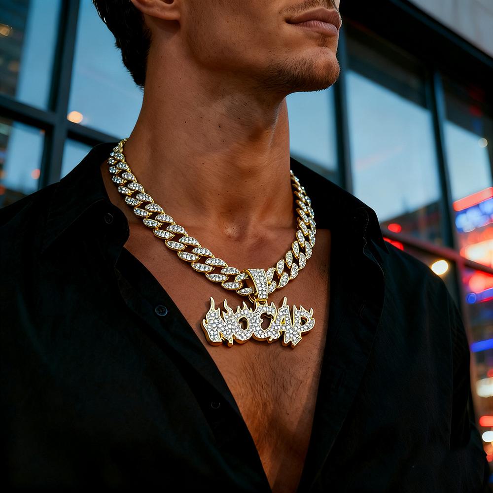 European and American Hip-hop Retro Flame Letter Pendant Men's Necklace Niche Personality Fashion Full Diamond Letter Versatile Necklace