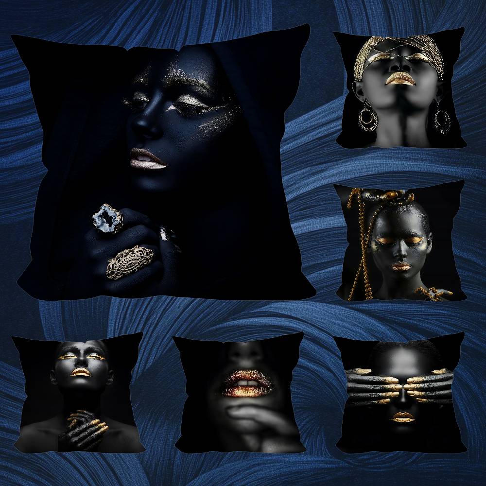Black Skin Golden Makeup Throw Pillow Case For 45*45cm,55*55cm,30*30cm For Home Bedroom Decoration And Protector