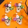 Halloween Colorful Flower Sugar Skull Earrings Zircon Rhinestone Pearls Skeleton Drop Earrings for Women Day of The Dead Jewelry