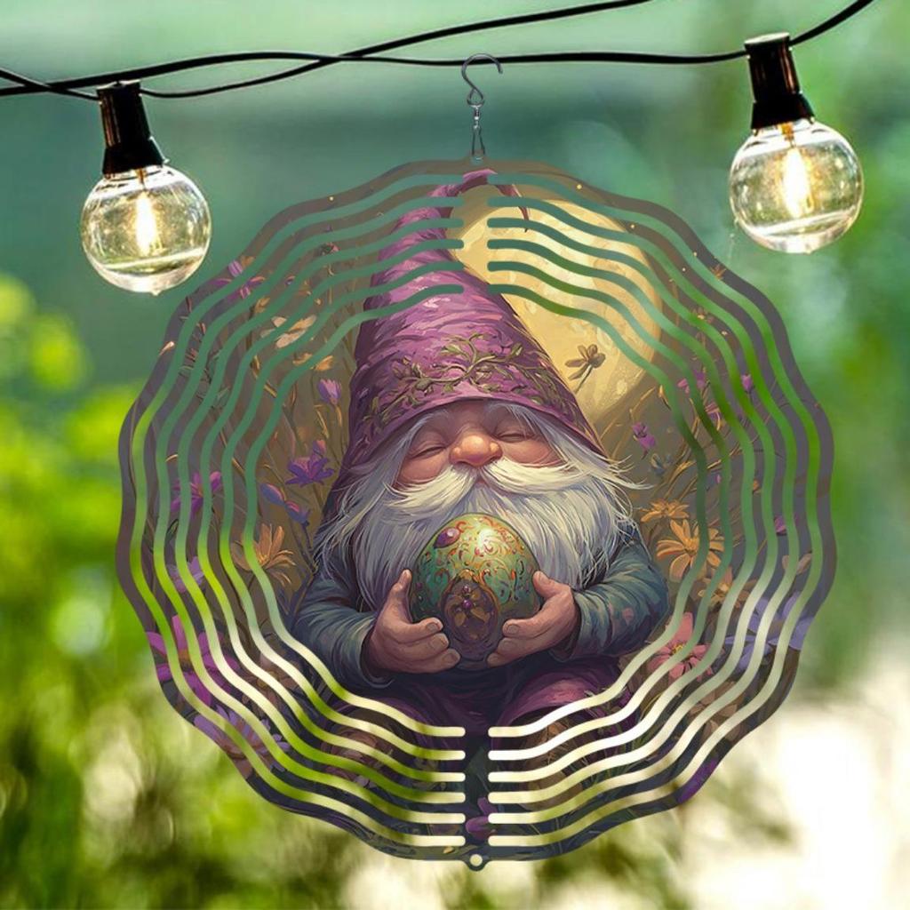 Purple Cloaked Gnome 3D Metal Wind Chime Moonlit Flower Design Outdoor Hanging Decor for Garden Home Wedding Christmas Gift