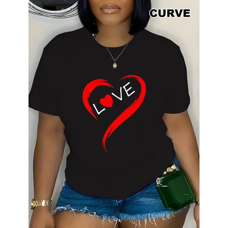 

Wo Crew Neck T-Shirt - Stretchy Everyday Tee with Bold Red LOVE Graphic, Soft/Easycare Fabric - Valentine s Day Outfit, Ladies T Shirts S чёрный