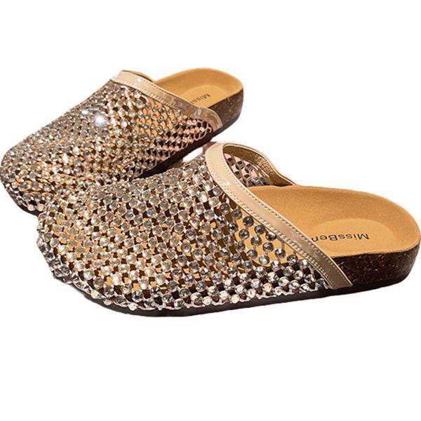 2025 Summer Rhinestones Full Diamonds Fishing Net Baotou Big Head Baotou Half Slippers Sandals Toboken Shoes Flat Women's Shoes