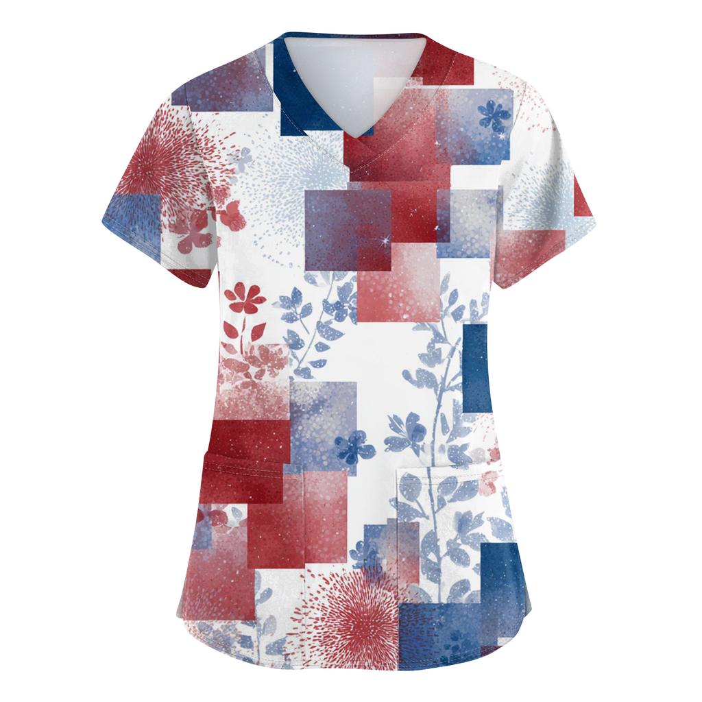 Women's Fashionable V-Neck Short-Sleeved Work Top With Pockets And Independence Day Print  Uniform