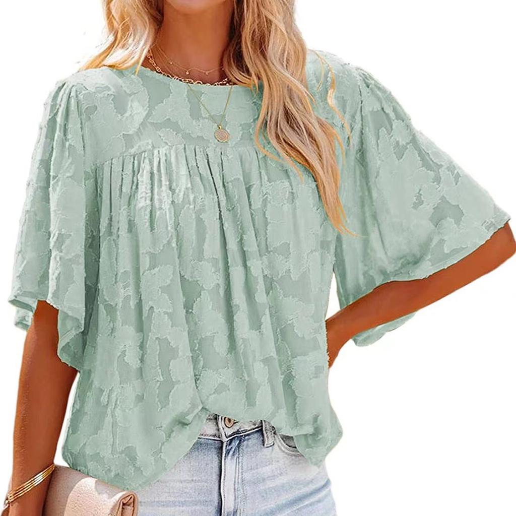 Odzież damska Dekolt w serek Letnia bluzka szyfonowa Jednolita Rękaw trąbkowy Koronkowa wycinanka Top