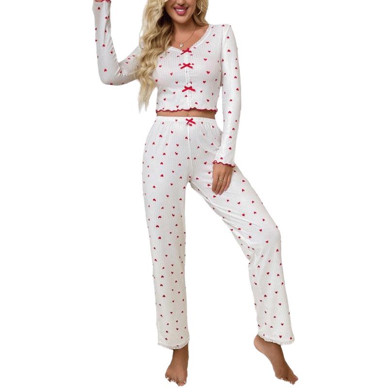 Women's 2025 European V-Neck Love Print Pajama Set - Long Sleeve Top & Pants, Indoor/Outdoor Wear