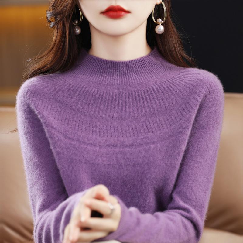 Women's 100% Wool Seamless Sweater - 2022 Autumn/Winter High Neck Loose Pullover