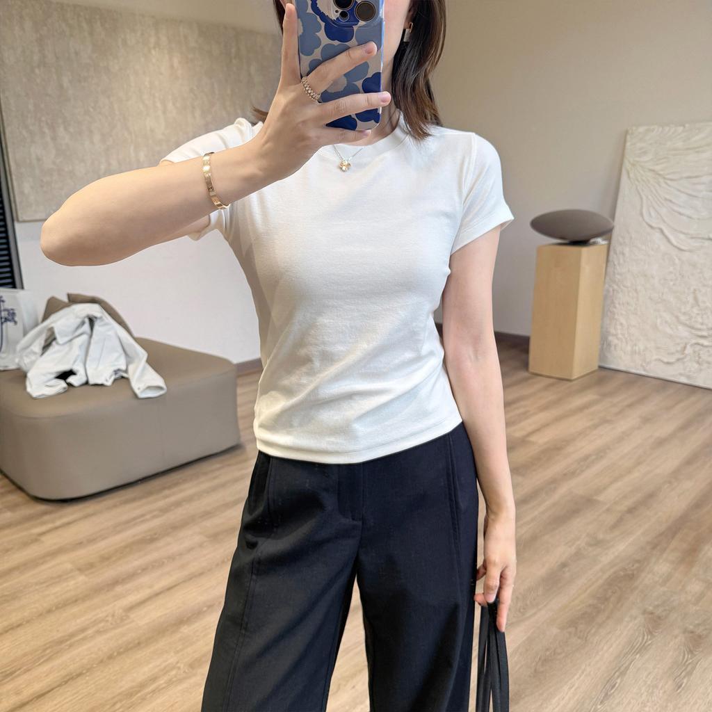 Women's Crew Neck Short Sleeve Tight Fit Japanese Casual Tencel Cotton Crop Top Basic Tee