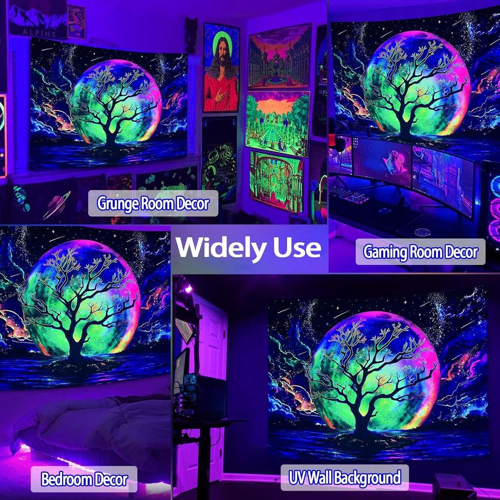 Faxdong Blacklight Moon Tapestry, UV Reactive Tree Lake Colorful Starry Night Galaxy Space Clouds Wall Tapestry for Bedroom Decor 36×48 Inch
