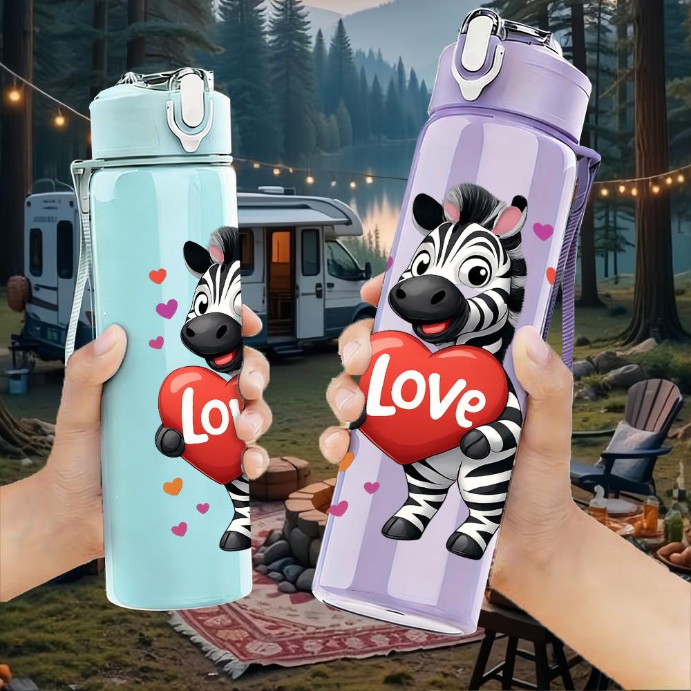 1PC Zebra Holding Red Heart 750ml Color Plastic Sports Water Bottle Leakproof Flip Straw Lid Suitable for Sports Office Home Use