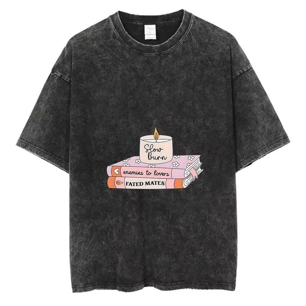 Vintage Washed Oversized Book Lover Graphic Print Short Sleeve T-Shirt Retro Fit Crew Neck Tee