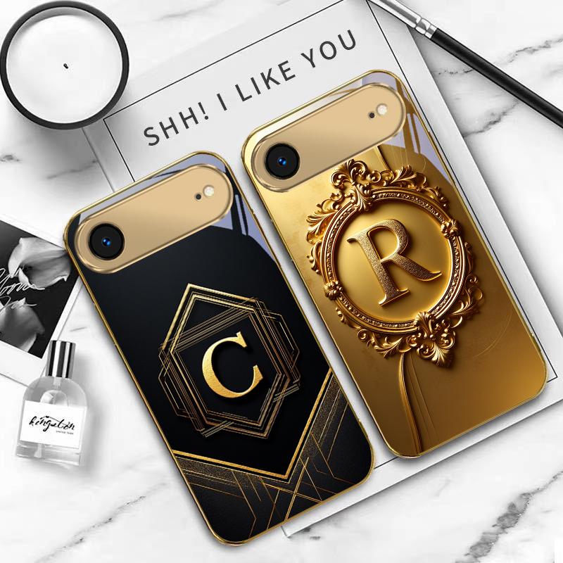 Gorgeous letter gold "R" For IPhone 17Pro Max 16 17 Pro 15 Pro 14 13 Plus 12 Mini 11Pro Max XR 16E 17Air Golden glass phone case