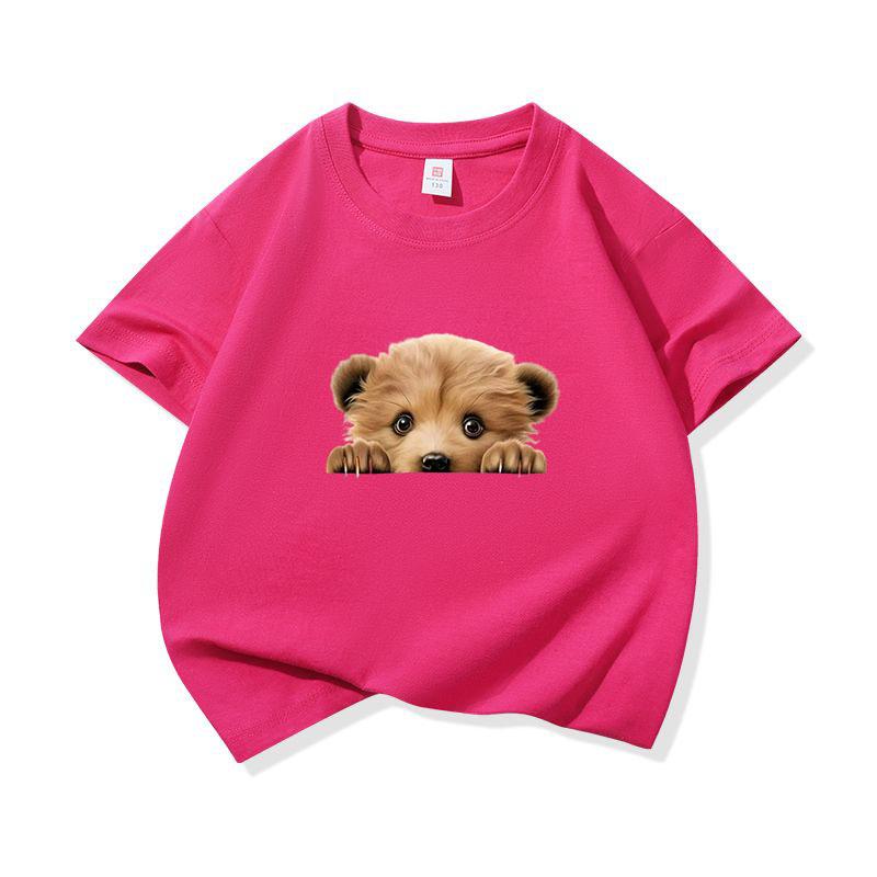 Kids Cotton T Shirt Cute Peeking Bear Cub Print Crew Neck Short Sleeve Tee Casual Breathable Boys Girls Summer Tops