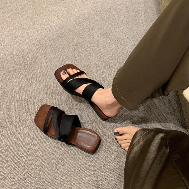 Sheepskin~ 4cm Height Increase Temperament Square Head Wrap with Sandals Slope Heel Thick-soled Slippers Women's Summer Sandals