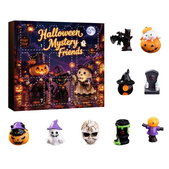 Creative Holiday Scene Decor Halloween Advent Calendar with 9 Mini Resin Figures, Day Spooky Countdown Gift Box To Calendar, Surprise Collectible