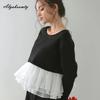 Korean Style Spring Autumn Women Hoodies O Neck White Gray Black Patchwork Mesh Ruffles Sweatshirt Casual Loose Ladies' Stylish Top