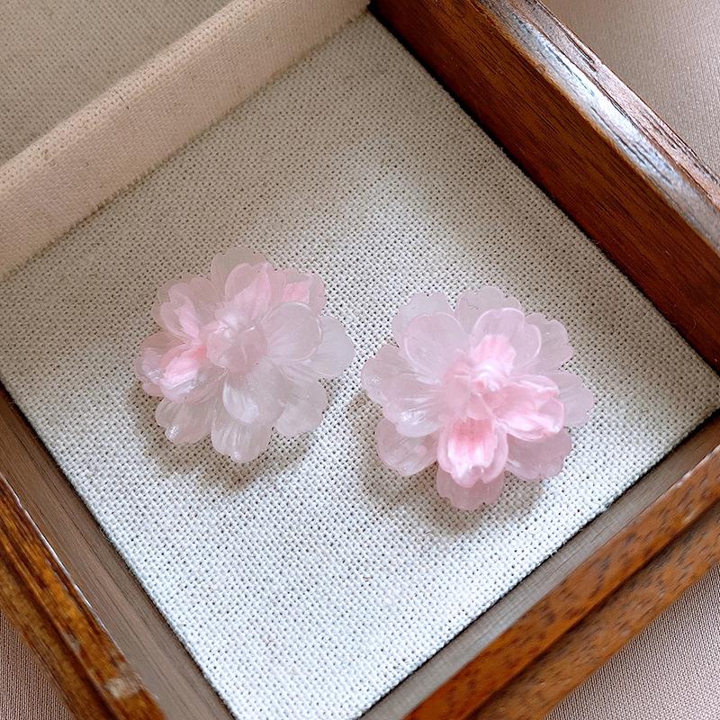 Silver Needle Sweet Pink Resin Flower Earrings Female Super Fairy Versatile Stud Earrings