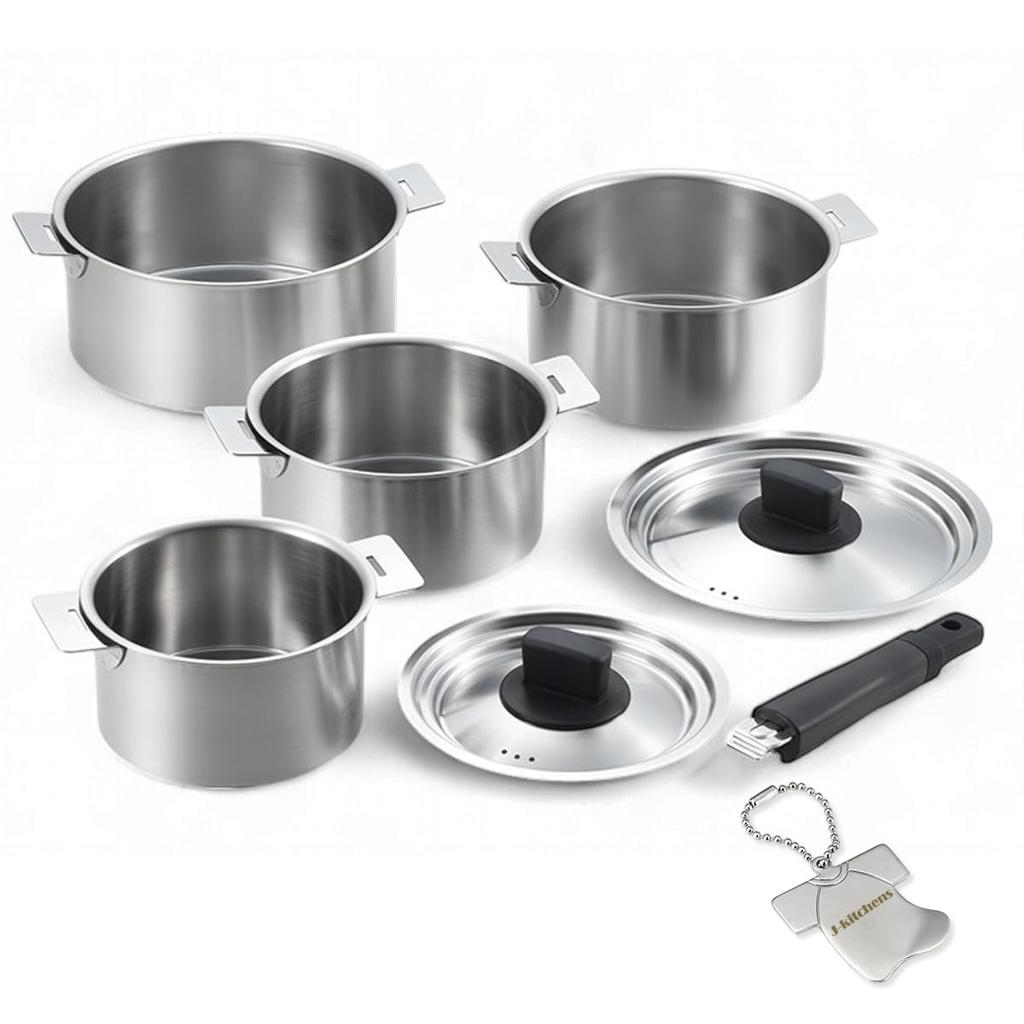 Saucepan Set with Detachable and Gas and Induction Made In Includes Original Tag J-kitchens 4-Piece Handles, Anti-Roll Lids, 14cm, 16cm, 18cm, 20cm,