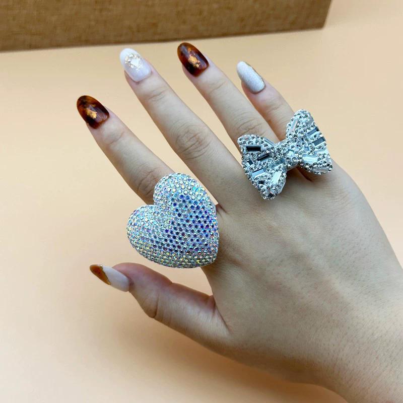 

New Ceramic Clay Heart Ring Fine Rhinestone Bow Ins Jewelry Personalized Girl Ring Fashionable Jewelry Accessories Diameter 1.8cm
