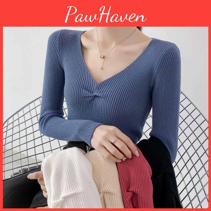 V Long Color Solid Neck Sleeve Slim Inner Bottoming Knitted Sweater Chic Tops