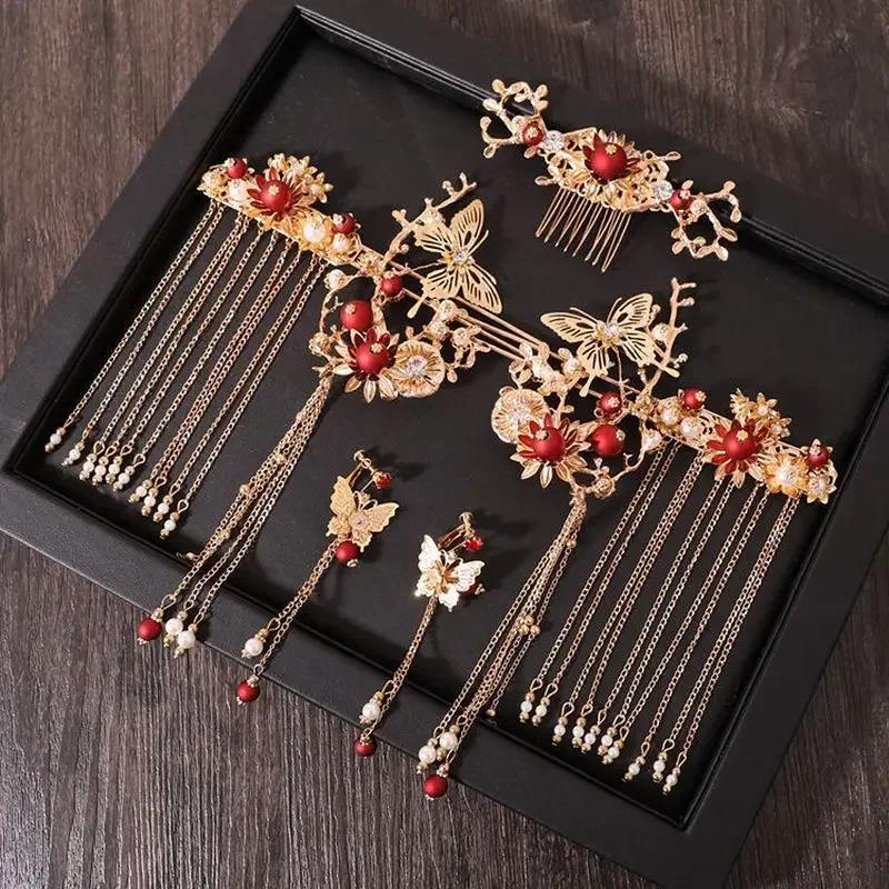1 Set Xiuhe Headwear Accessories Chinese Hanfu Bridal Hair Accessories Set Tassel Dragon Phoenix Coat Hair Accessories Gifts