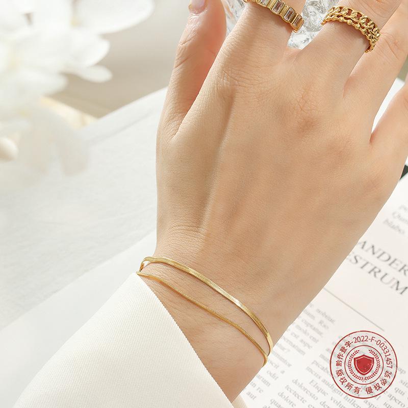 18K Gold Plated Titanium Double Layer Chain Bracelet with French Style Jewelry Buckle