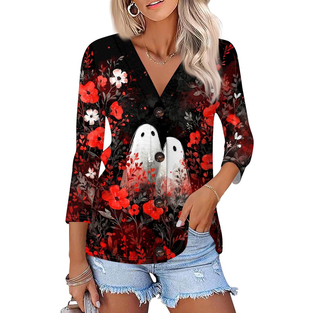 Women's Fashion Casual Print Button-down Shirt 3/4 Long Sleeve Tops