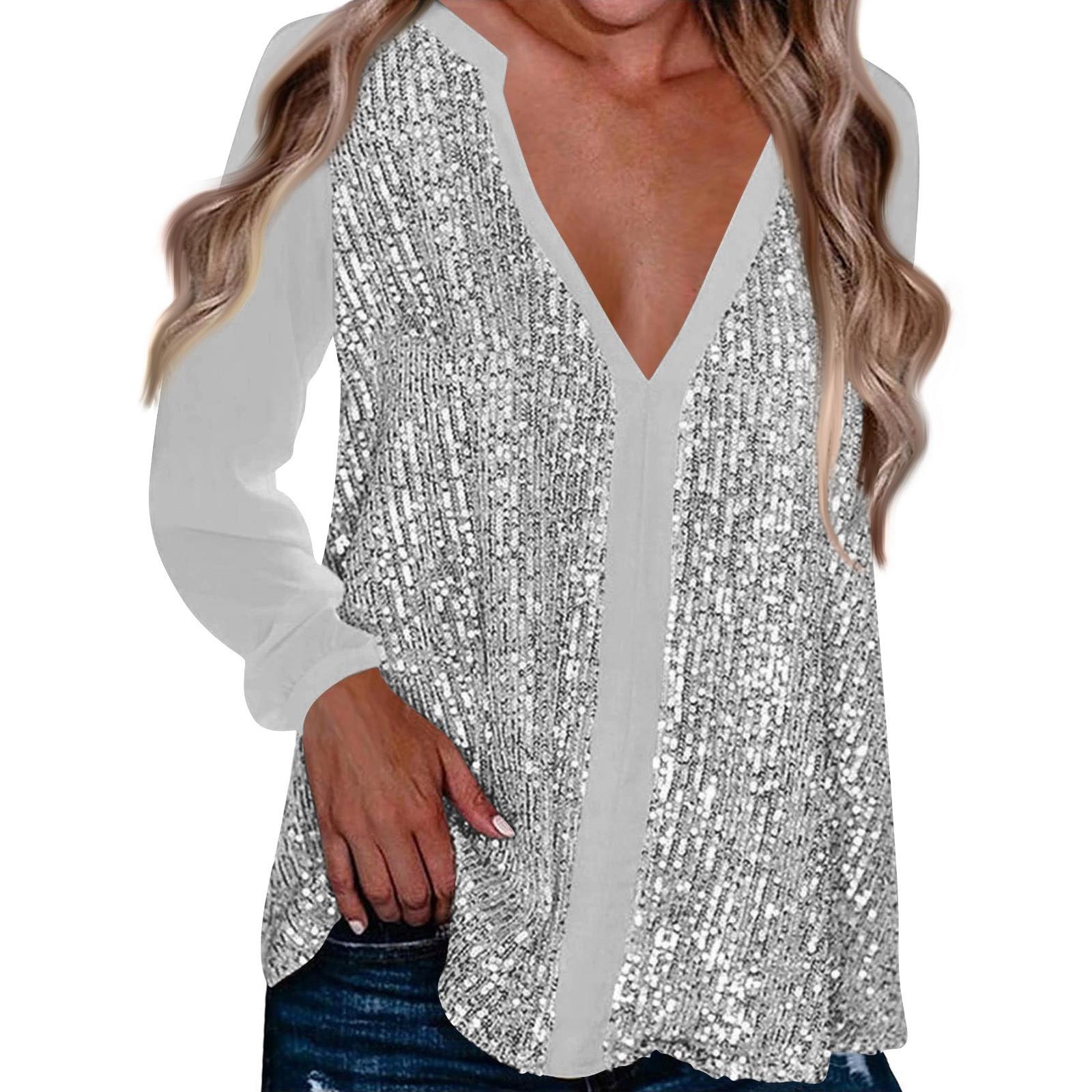 

Женская мода однотонная свободная рубашка с V-образным вырезом и длинными рукавами, элегантная повседневная рубашка XXXL серебряный