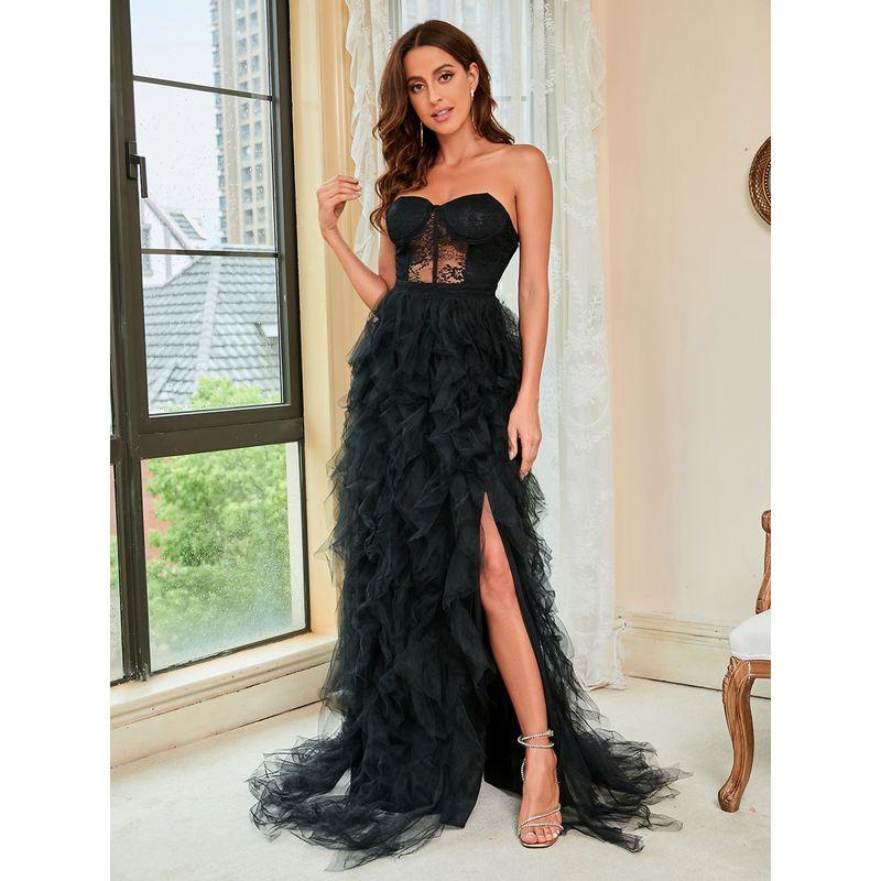 Lace Mesh Sexy Evening Dress European and American plus Size Lace Mesh Tube Top Sexy Evening dress