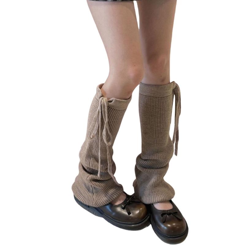 Women Ribbed Knitted Leg Sleeves with Ties Drawstring for Winter Warmth Vertical Striped Leg Warmers Footless Boot Socks
