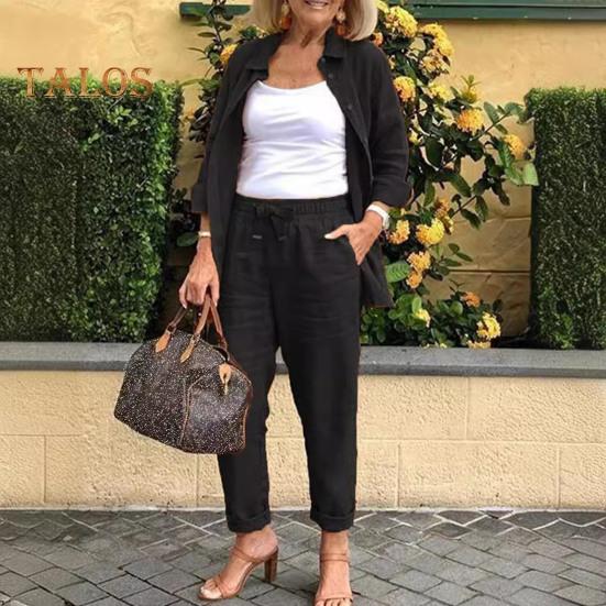 2 Pièces/ensemble Femmes Chemise Pantalon Ensemble Lâche Revers Simple Boutonnage Mi-long Manches Longues Chemisier Taille Haute Élastique Pantalon à Jambes Larges Vêtements Quotidiens
