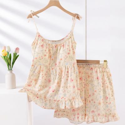 2026 Nuovo Set Pigiama Estivo da Donna 100% Cotone Crepe Spalline + Pantaloncini Set Due Pezzi con Imbottitura sul Petto Sottile Dolce Abbigliamento per la Casa
