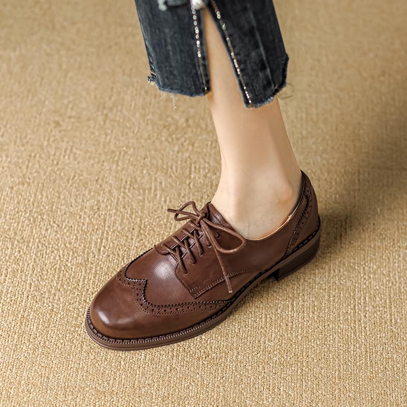 2024 Dámské lodičky Oxfords Podzimní boty pro ženy Dámské boty z pravé kůže Retro šněrovací mokasíny Neformální Ručně vyráběné černé dívčí boty