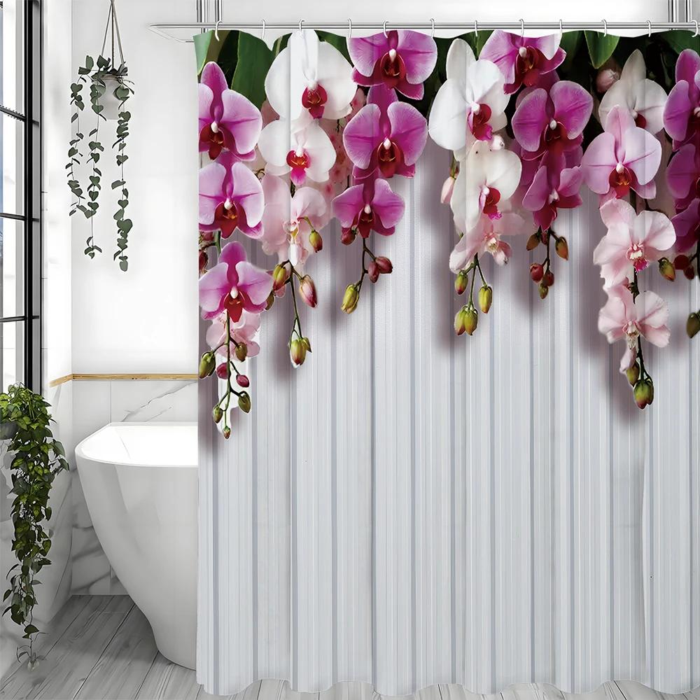 Purple Floral White Wall Shower Curtain, Bathroom Decorative Shower Curtain, Waterproof Shower Curtain with Hooks