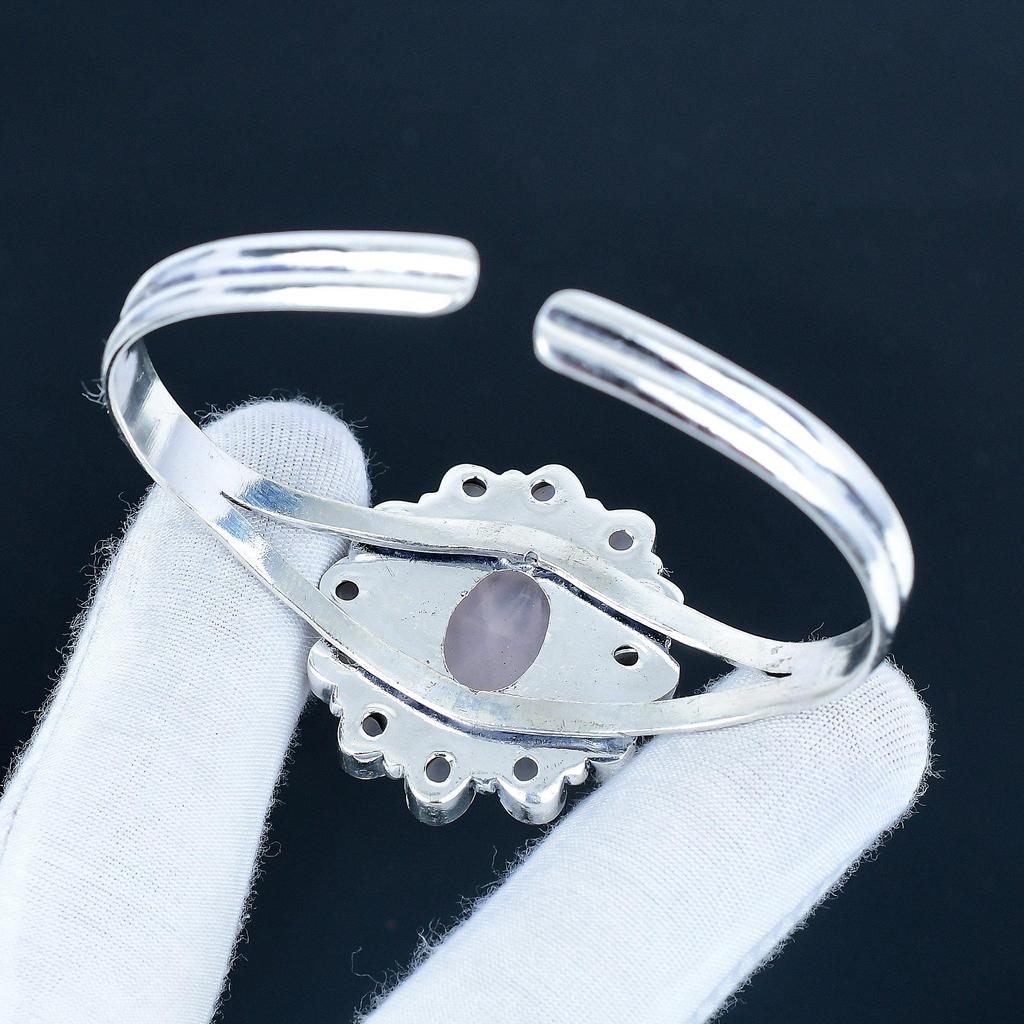 Natural Rose Quartz Gemstone Handmade Cuff Bangle 925 Sterling Silver Cuff Bangle,Rose Quartz Flower Shape Bracelet For Wife, Unisex Bangle