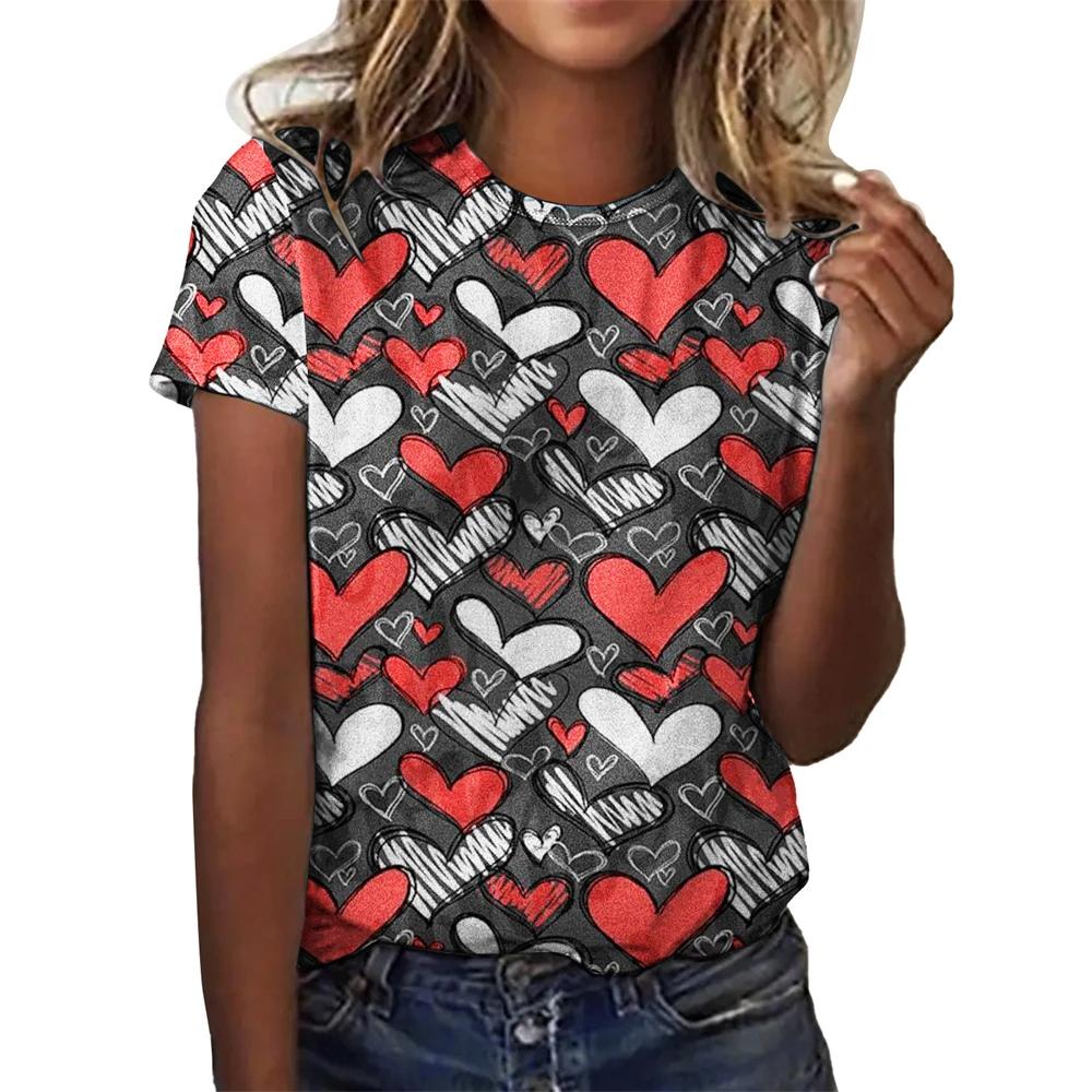 Women's Fashion T-shirts Love Printing Beautiful Girls Tee O-neck Short Sleeve Ladies Clothes Leisure Street Female T-shirt Tops
