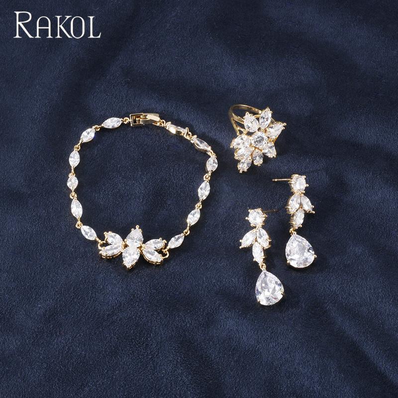RAKOL SP237 Luxury Wedding Women Style Waterdrop Pendant Crystal CZ Zircon Necklace Jewelry Set