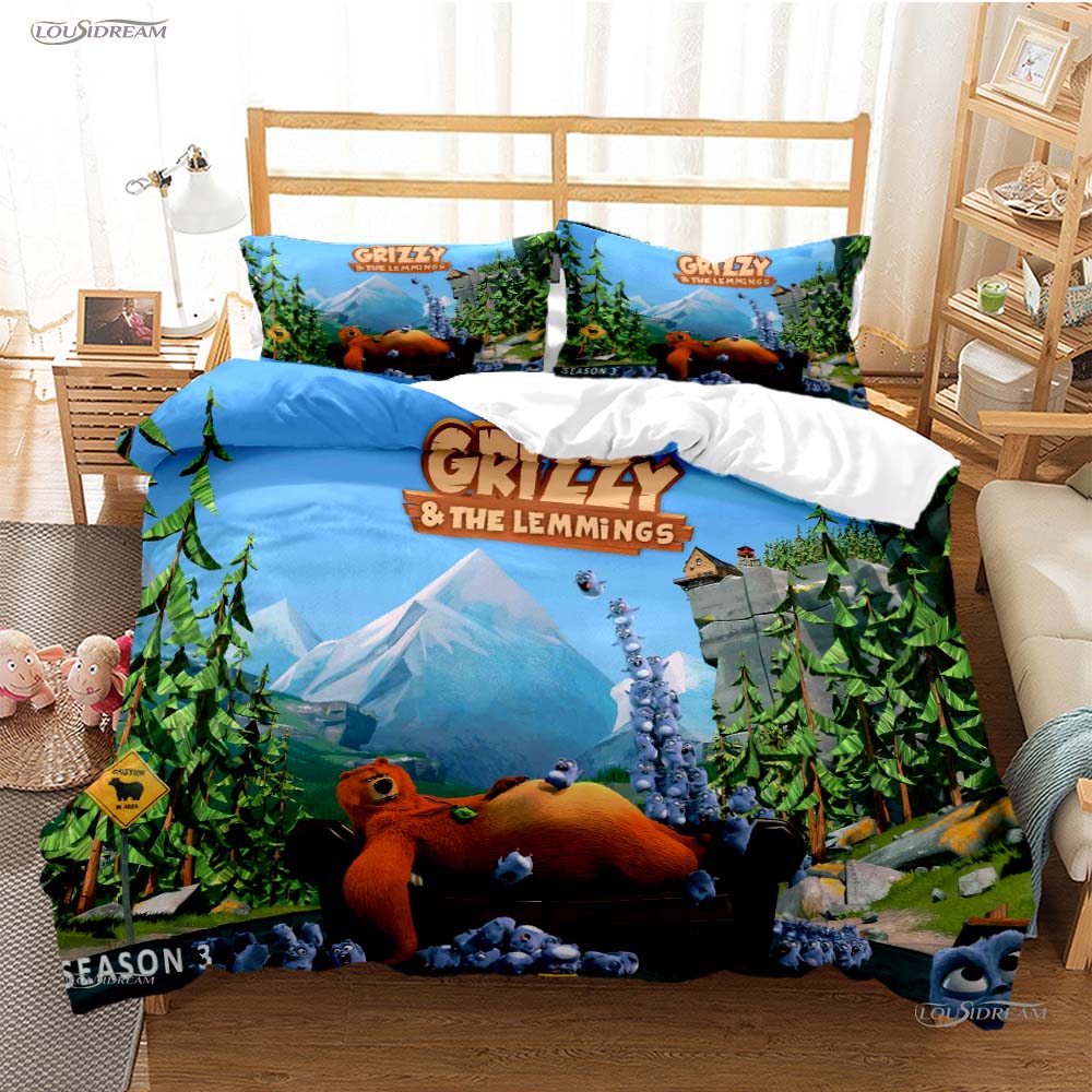 Grizzly und die Lemminge Ganzjahres-Bettwäsche-Set mit weichem Bettbezug und Kissenbezügen, erhältlich in den Größen Einzel-/Doppel-/Queen-/Kingsize.