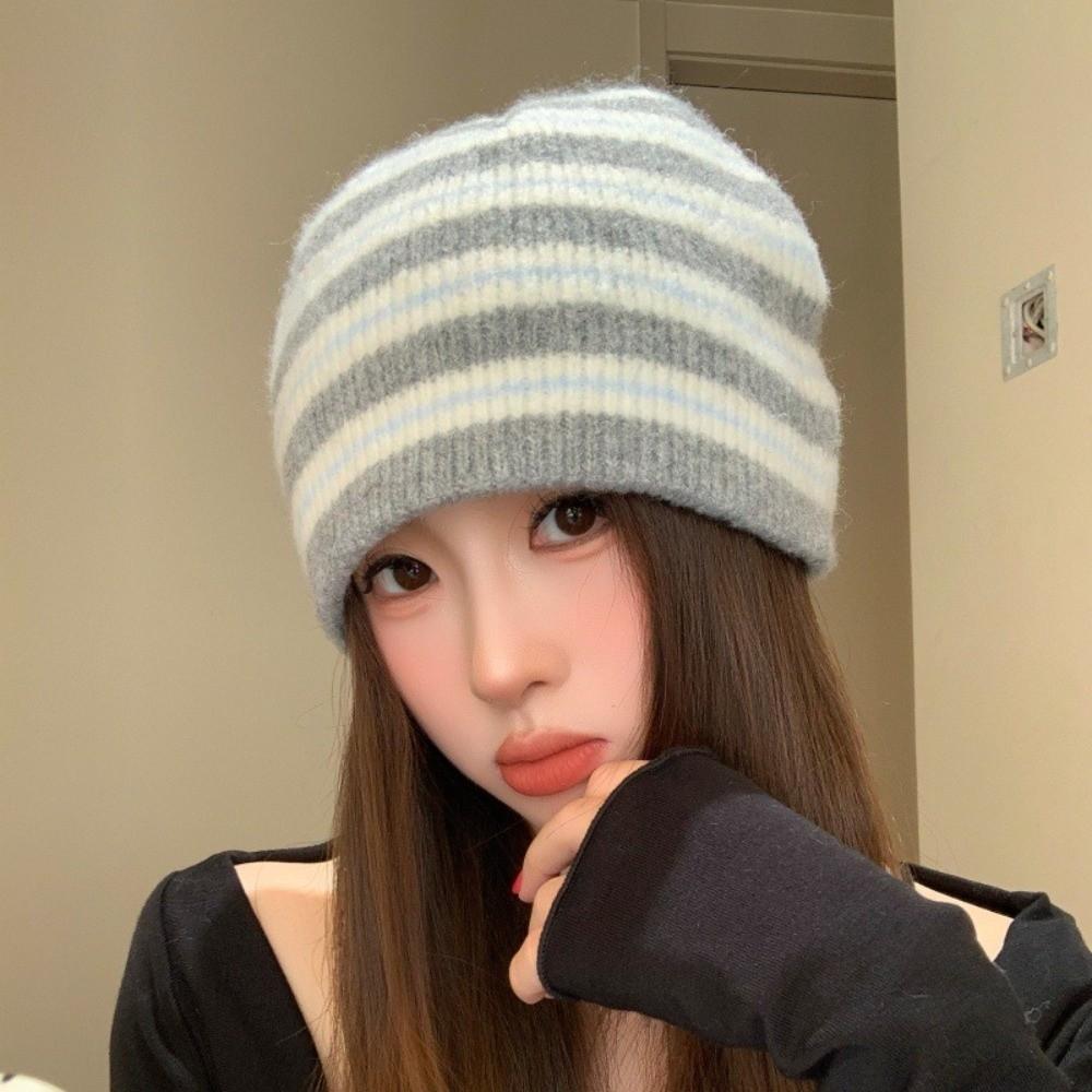 Wool Blend Ribbed Knitted Cap Thick Warm Pullover Hat Fashion Striped Beanie Hat Gift