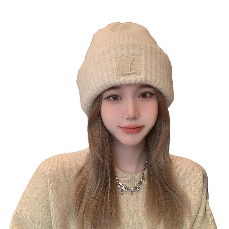 Big head circumference thick wool hat women's autumn and winter loose warm pile cold hat big face small knitted ear hat