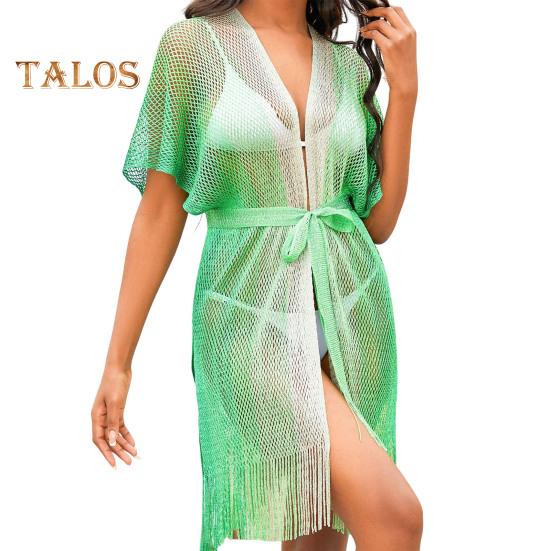 Women Beach Dress Hollow Out Fishnet Lace-up Strap Beachwear with Tassel Gradient Color Coverup Long Sleeve Sun Protection Lady Bikini Swimsuit