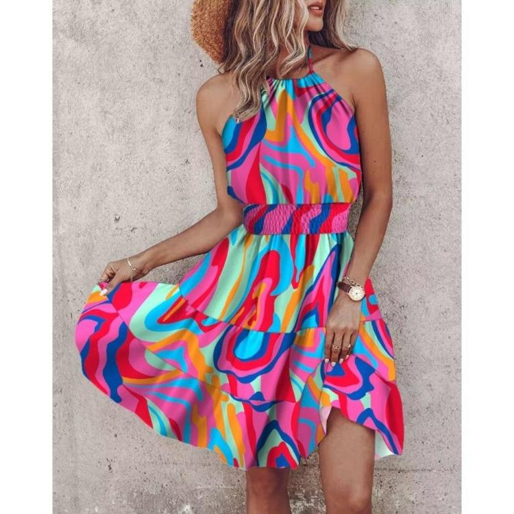 Vestito Gonna Midi Estivo Sexy Stampato da Donna con Scollo Bardot e Scollo al Collo per Ragazze