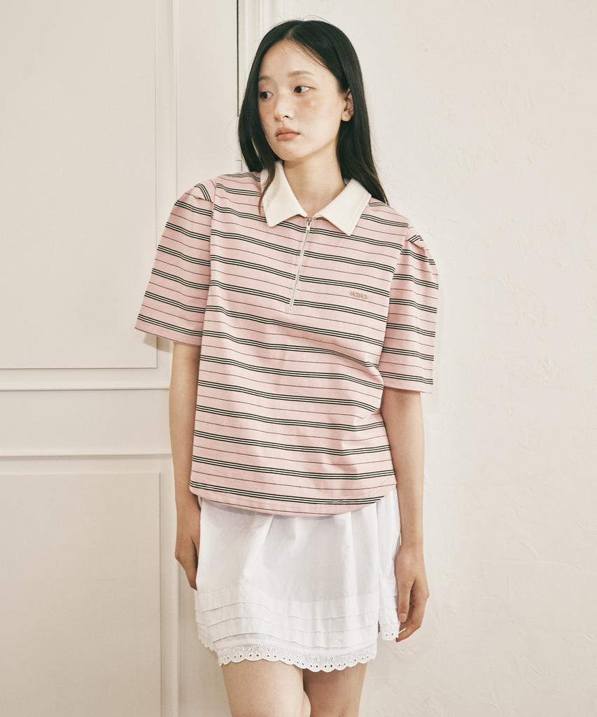 ROIROI Volume Sleeve Striped Collared Short Sleeve Tee - Pink