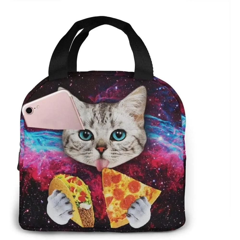 Space Cat Pizza Insulated Lunch Bag Portable Thermal Cooler Box Reusable Picnic Tote Bento Bag for Women Kids Work School Travel
