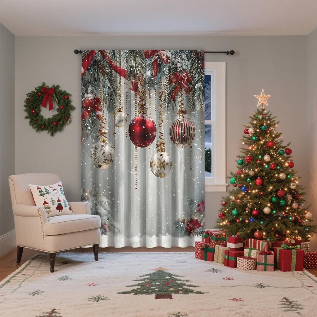 Single Panel Christmas Snowflake Ball Decorative Curtain Home Living Room Bedroom Office Party Daily Decoration Light Blocking For Area Polyester