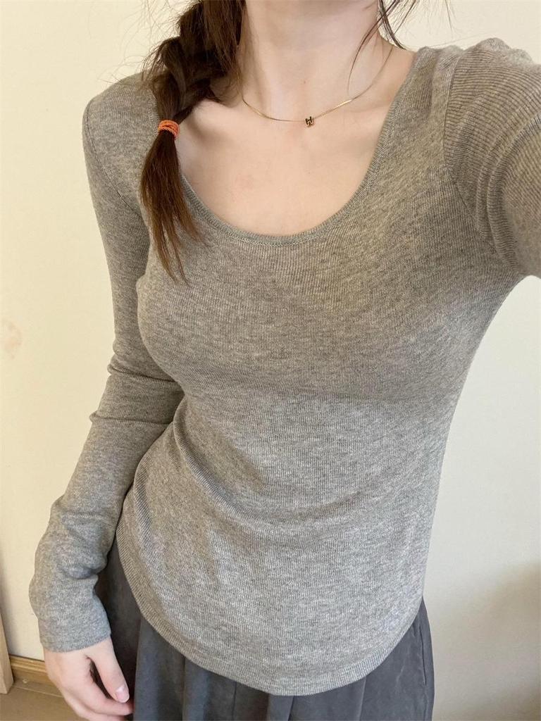 French Chic: Low Neck Knitted Tops for Women - 2025 Spring/Summer Long Sleeve Clavicle Sweater