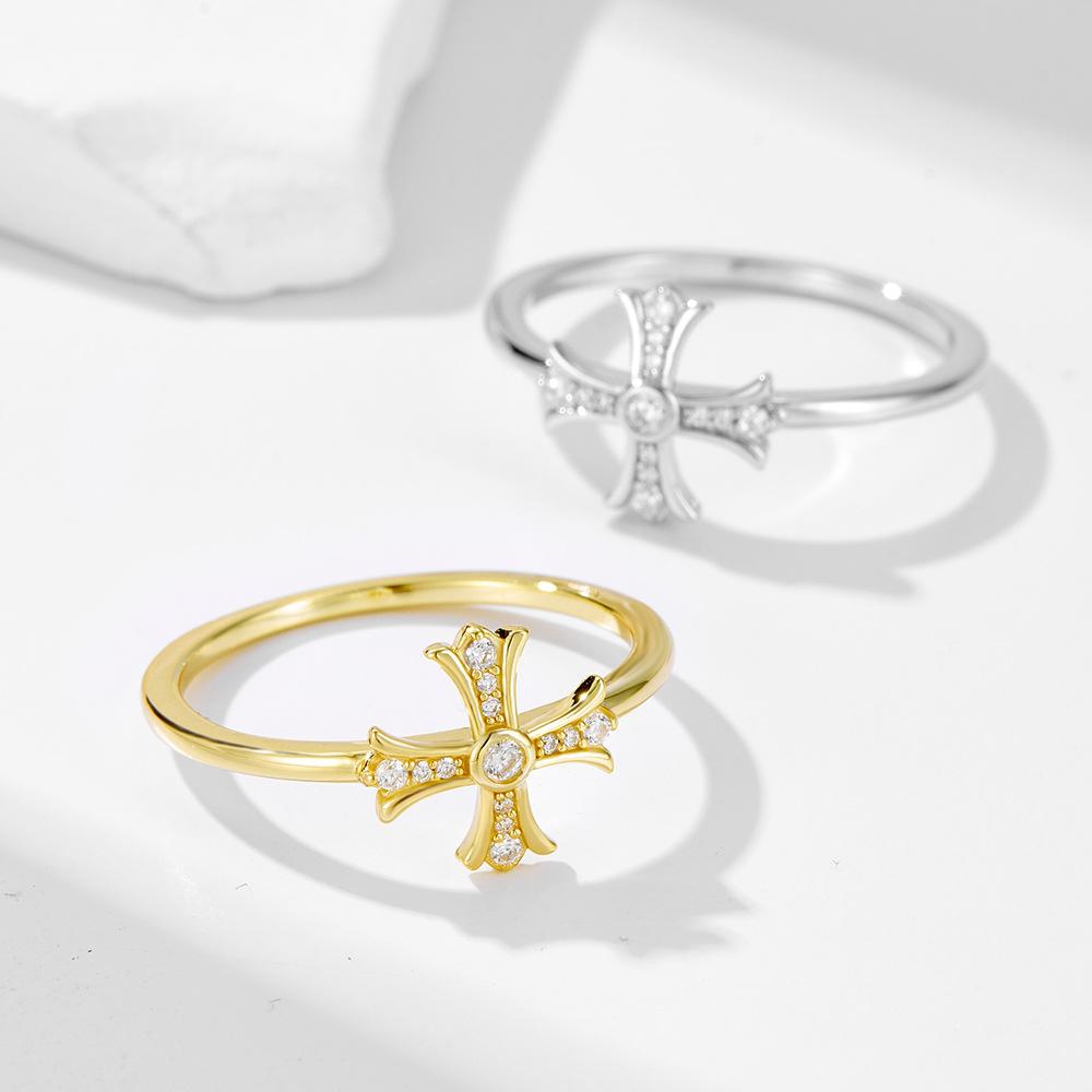 Luxury S925 Sterling Silver Cubic Zirconia Cross Ring for Women 14K Gold Plating Flower Cross Inlay Zircon Finger Rings